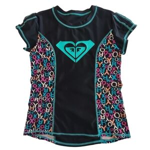 🟢K1015 * Roxy Girls Short Sleeve Rash Guard Black Teal Size Unknown